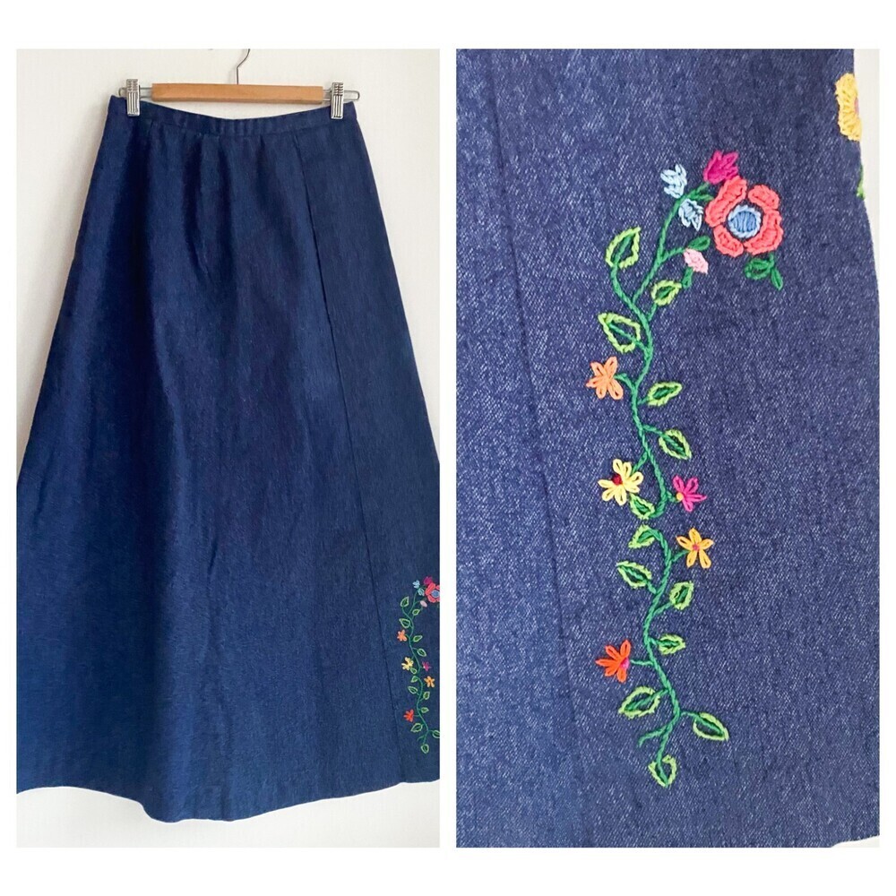 Vintage Blue Denim Floral Embroidered A line Maxi Skirt S